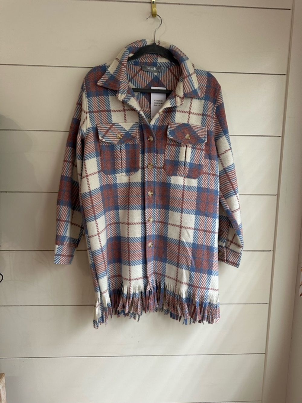 Plaid Fringe Shacket in Cream, Rust & Blue